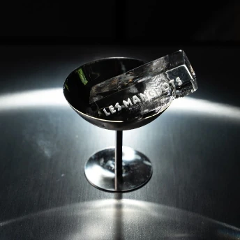 Glaçon gravé Les Manchots présenté dans une coupe
